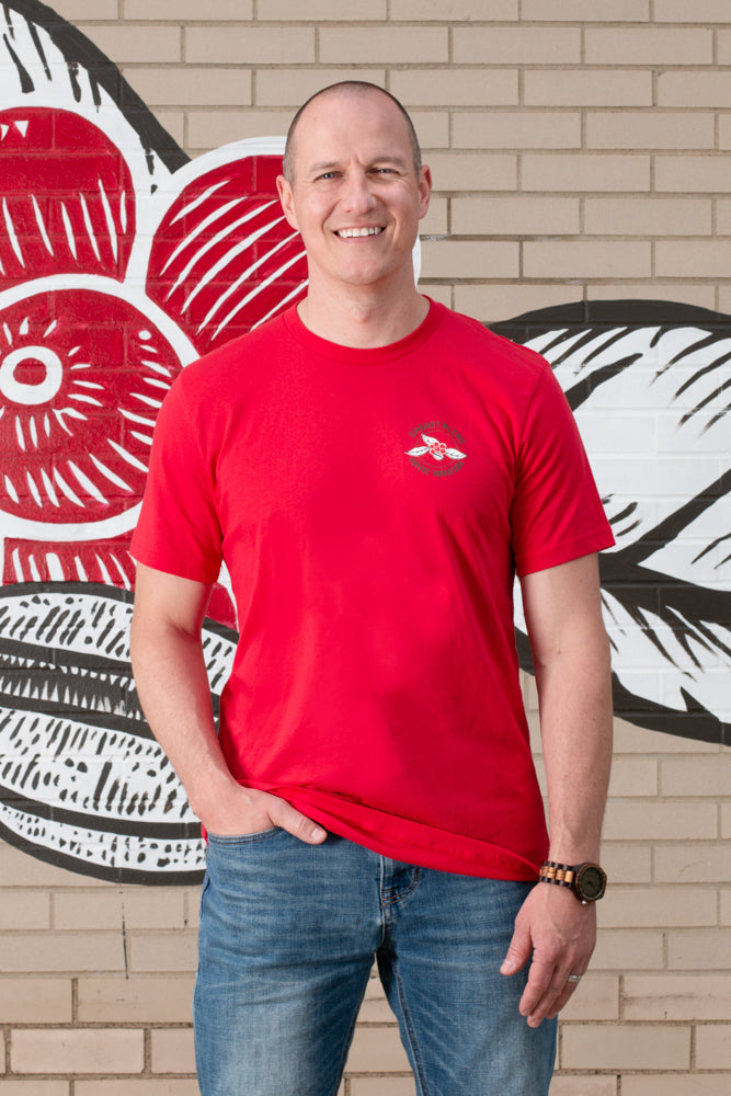 Red Cherry Blend T Shirt with logo on the upper chest.